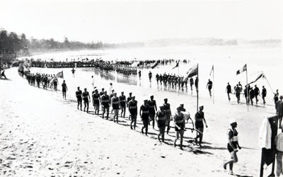 North along Manly Beach showing a surf carnival in progress