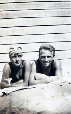 Olive Pender-Smith and Ken J Broughton outside Manly Surf Club pavillion