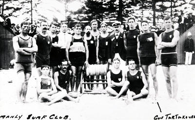 Members of Manly Surf Club at the first Manly surf carnival on January 25, 1908, showing Geo. Williams, Gus Tartakover and GH de Lissa