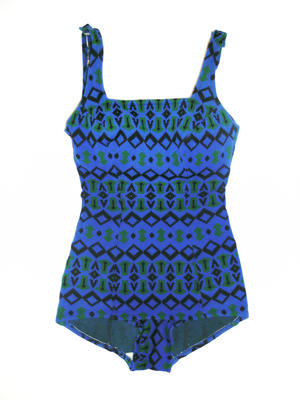 Bri-nylon blue with black and green shapes in horizontal pattern skirt front inset cups adjustable straps with buttons square front and back machine sewn, see 345,80,82