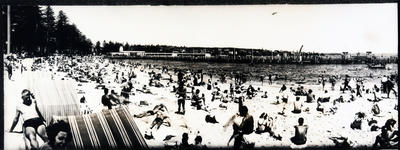 Wide-angled view of the harbour pool showing the harbour pool, the boardwalk and Manly Wharf. Part of a panorama (see P0457)