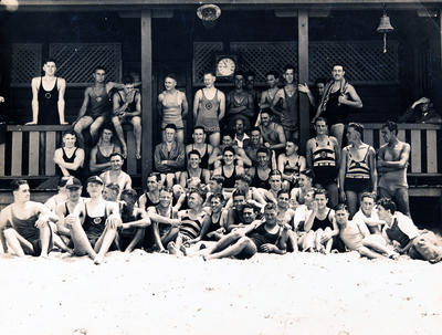 Members of North Steyne Surf Lifesaving Club in front of the North Steyne Surf Pavilion