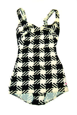 Bri-nylon black and white "optical" check print low back skirted front elasticised leg openings, logo 3 LHS.