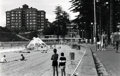 Southern end of Manly Beach showing Manly Surf Pavilion and 'Borambil' flats