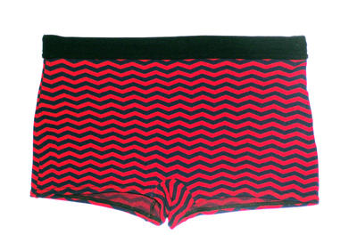 Drawstring red and blue nylon zig zag pattern with black waistband inside pocket front RHS size 38