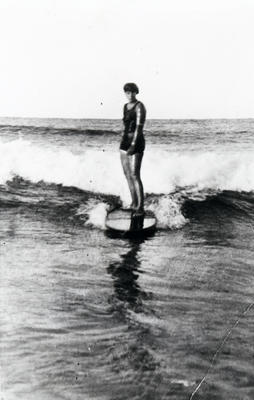 Isabel Letham riding a surfboard at either South Steyne or Freshwater Beaches