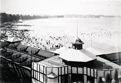 Across the top of Manly surf pavilion and along Manly Beach