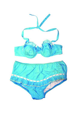 Cotton baby blue with blue/white trim and lace band threaded with blue bias around bikini top and pant frill top and pant lined white cotton wired cup half legs elastic size 12