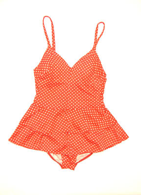 Nylon red with white dots thin straps skirt-front of double frill from waist inset cups machine sewn, size 12 bust, 'Watersun' logo