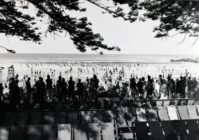 crowded beach in distance with rows of deck chairs in front