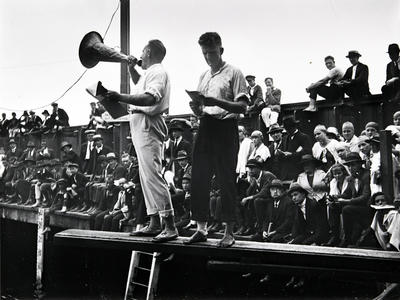 Joe Morgan officiating at a swimming carnival at Manly Baths