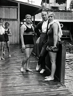 Man and two women, members of Manly Ladies Swimming Club, Manly Baths