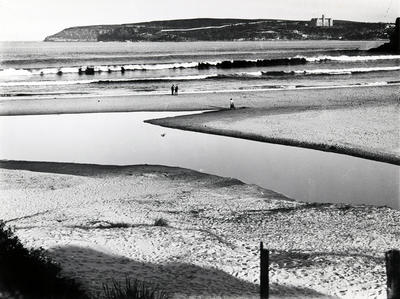 Freshwater Beach showing the mouth of the creek with North Head in the background