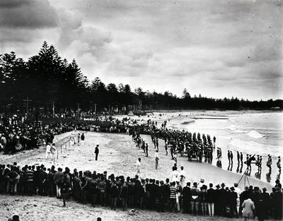 Over Manly Beach with a surf carnival in progress