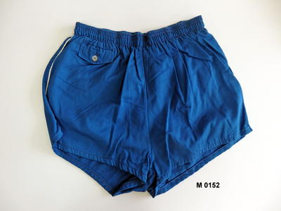 Blue mercerised cotton white bias strip down sides elasticised and drawstring waist coin pocket RHS underpants sewn in S32+