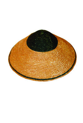 Coolie hat straw natural and green no trims cord neck strap cone shape machine possible souvenir