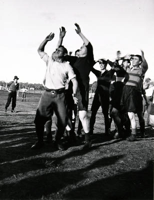 Rugby union line-out during a match at an army camp