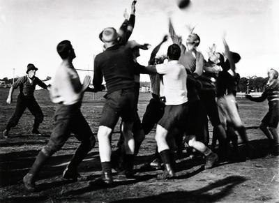 Rugby union line-out during a match at an army camp