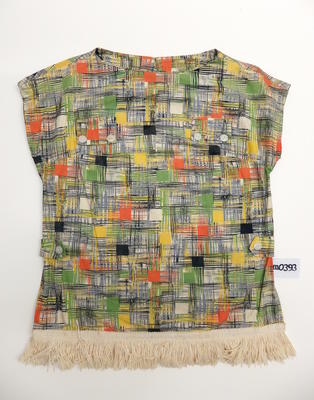 Cotton, orange, green, yellow, black and white overlapping square patterns,fringe, machine sewn