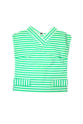 Cotton green and white horizontal stripes two strips for pockets on front v-shaped neck square shape sleeveless machine sewn