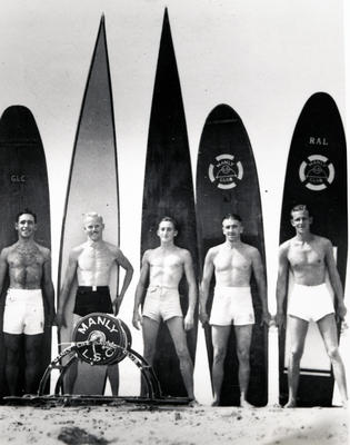 Manly Life Saving Club with their surf skis. (l-r Geoff, Harry, Jim, Lou & Ray)