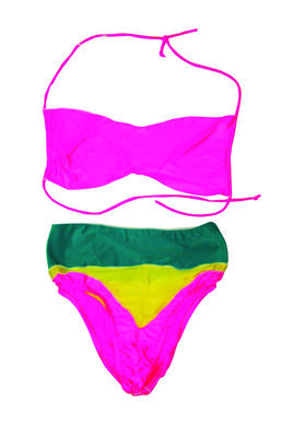 Lycra fluoro pink yellow and green string fastened bikini top overlocking on outer facing machine made