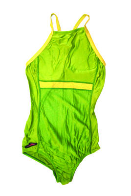 Lycra olive green and yellow/green stripe across front overlocking on outer side 'T' back racing style, early use of lycra.