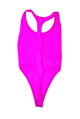 Elastomeric nylon hot pink vertical stripe indentations in material G-string T-back U-neck high cut machine sewn