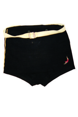 Black knitted woollen trunks, cream cotton belt with metal buckle, skirt front with cream trim at side-seams,( worn by Ron Horton, father of donor see photo),