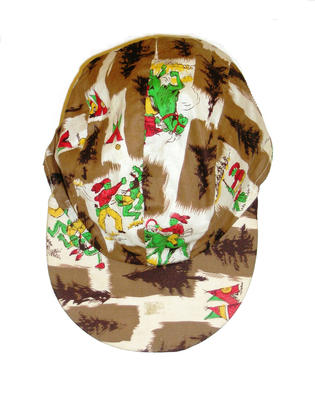 Cotton brown and white patches with dark brown pine trees and green yellow and red red Indian pattern cap with cardboard brim machine and hand sewn