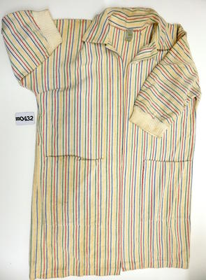 Cotton towelling blue red green yellow stripes on white white ribbing on sleeve straight short sleeves two front pockets belt loop belt missing collar button at neck machine sewn