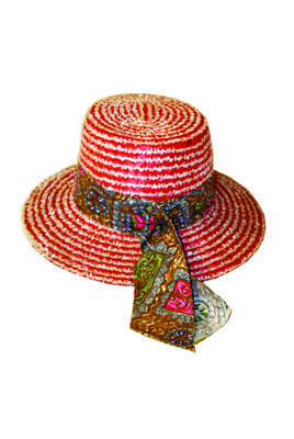 Straw hat dark pink with white raffia (tinsel like) trim overall patterned brown/grey/pink/blue fabric band around tall flat top crown pointed tail tie at rear small flat brim machine sewn