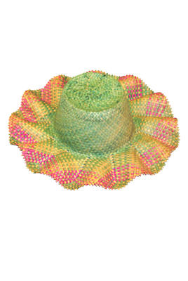 Straw hat green crown pink green natural brim no trims mid height crown flat top medium brim of fluted wavy shape with jagged edge plaited as one piece handmade, then heat molded to shape. The edge is doubled in the plaiting to give added firmness.