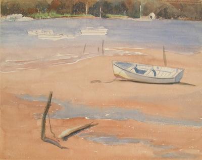 dinghy on beach - front; bush scene (tree & rocks) - back