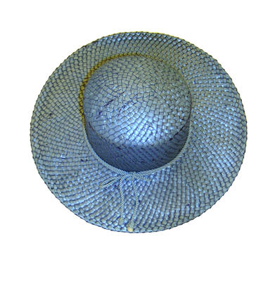 Straw hat painted blue pale blue cord double band tied in bow at rear high crown round top wide brim hand made