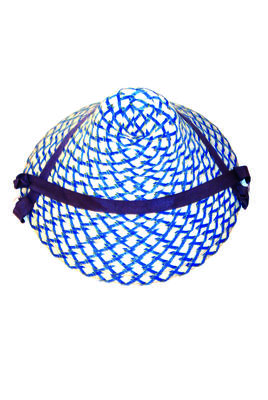 Plastic raffia hat white interplaited with blue and yellow cris cross stitching dark blue grosgrain ribbons crossing front and rear coneshape and flat top machine made, see 444-6