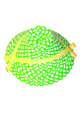 Plastic raffia hat white interwoven with green and clear cris cross yellow satin ribbons two crossing front and rear cone shaped flat top machine made, see 443,4,6