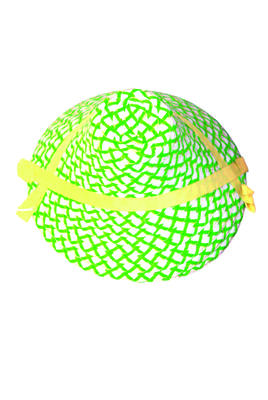 Plastic raffia hat white interwoven with green and clear cris cross yellow satin ribbons two crossing front and rear coneshaped flat top machine made duplicate of 0445, see 444-5