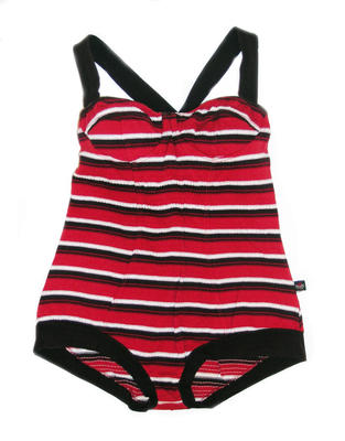 Striped female fullpiece in red, black & white polyester, cotton, elastine with 'boy' legs and wide crossover straps, bust and centre front panel strengthened with black stretch lining