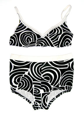 Bri-nylon black and whitetop, bust padded with hook fastening behind and label inside left bottom white waistband and front lining inside size 34 machine sewn, size 34, 'ADA' brand