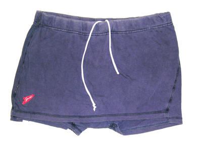 Cotton knit Speedo trunks with cord at waist, modesty skirt and Speedo logo on right side.