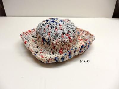 Hat plastic bags supermarket mainly white with red white blue and black print round crown slight upturned rim hand made