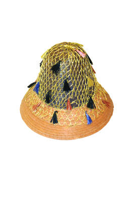 Sunhat straw faded blue and yellow blue conical top downturned yellow brim covered in loose yellow raffia net with blue yellow black orange raffia tassels, machine made.