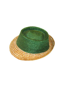 Straw hat khaki green narrow brim covered in white raffia tinsel green and yellow band of raffia oval indented crown orange black blue and white feathers on one side, machine made.