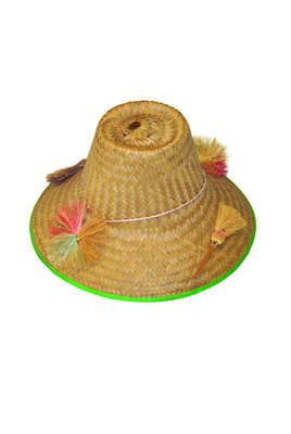 Sunhat palm straw natural colour miniature broomsticks decoration one purple one natural two star decoration in natural fibre multicoloured pink yellow blue tall crown cotton tie, hand plaited.