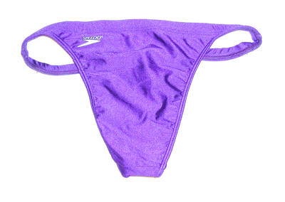 Woman's nylon/elastane purple G-string with printed Speedo logo and purple coloured lining.