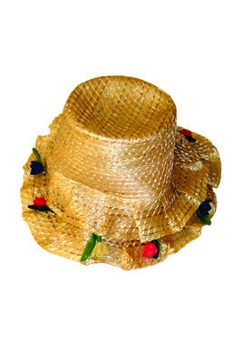 Straw natural strawbands woven with cream raffia wrap over inner hat and form two ruffles over brim coloured raffia buds/leaves on brim elastic strap tall crown small brim machine/handmade