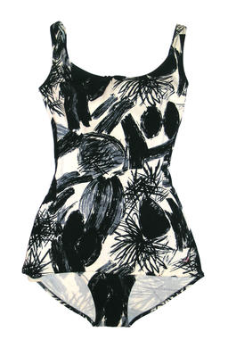 Bri-nylon one piece with striking black/grey print on cream, round neck, low back + modesty skirt, Jantzen logo 6 on left side