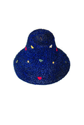 Straw navy blue tinsel raffia wound around entire straw base felt spots and hearts in red yellow green white glued on irregularly flared cone with flat top machine made