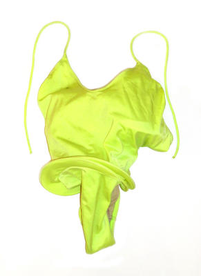 Lime yellow female one piece swimming costume with V-neck & rouleau shoulder straps. Waist features 2 row of stiffened fabric which forms a sort of peplum. High cut legs. Very unusual shaping